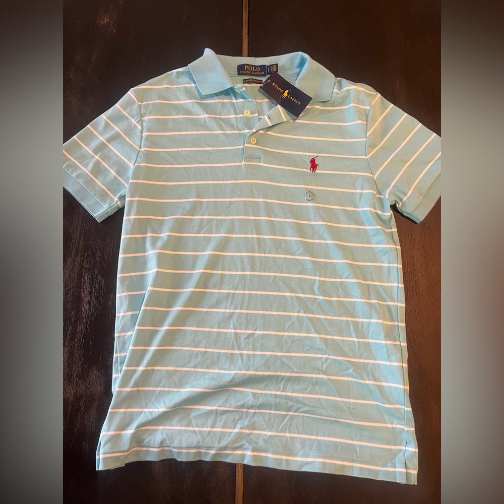 Ralph Lauren Light Blue and White Striped Polo with Red Pony